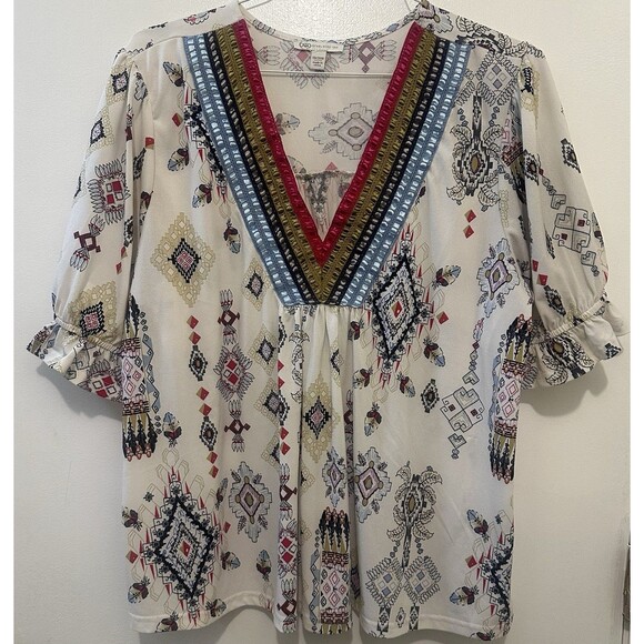Cato Tops - Cato Boho Embroidered V-Neck Tunic Top 18/20W Multicolor Tribal Print Peasant